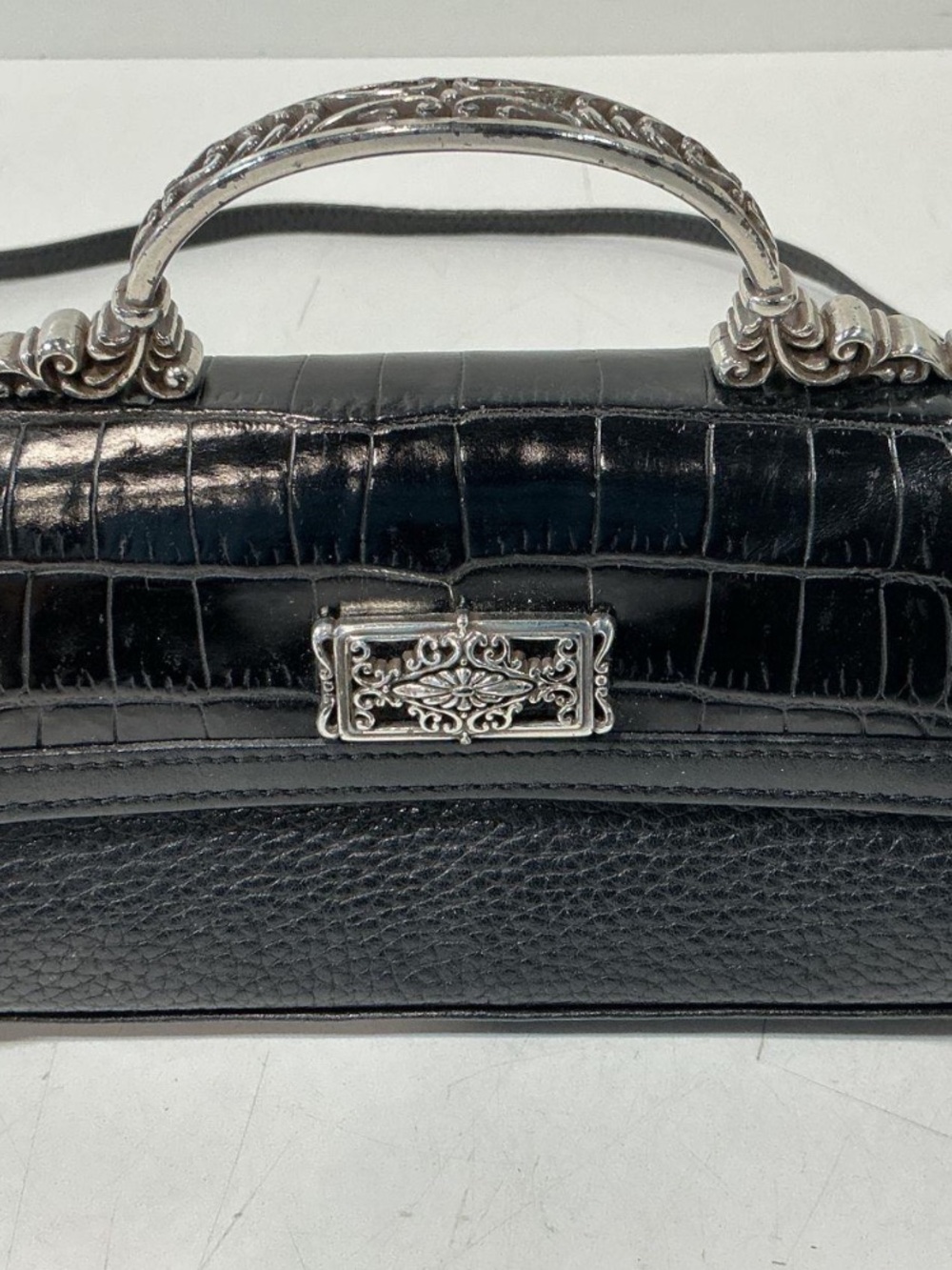Women’s Brighton Black Leather Croc Print Silver Top Handle Mini Crossbody